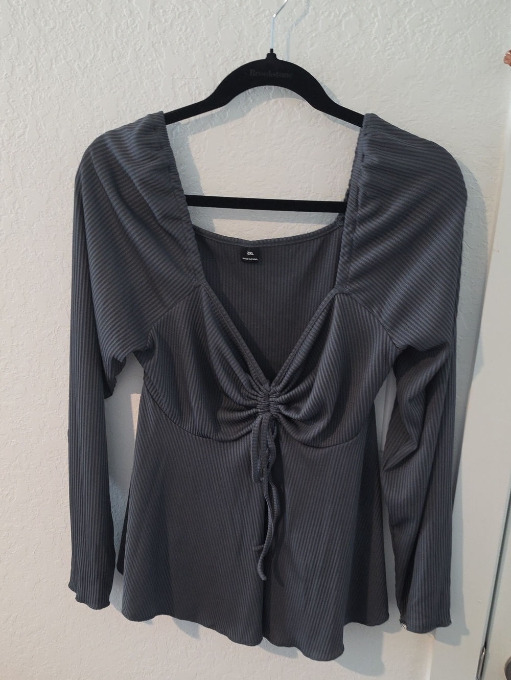 SHEIN Gray Ribbed Long-Sleeve Drawstring Top